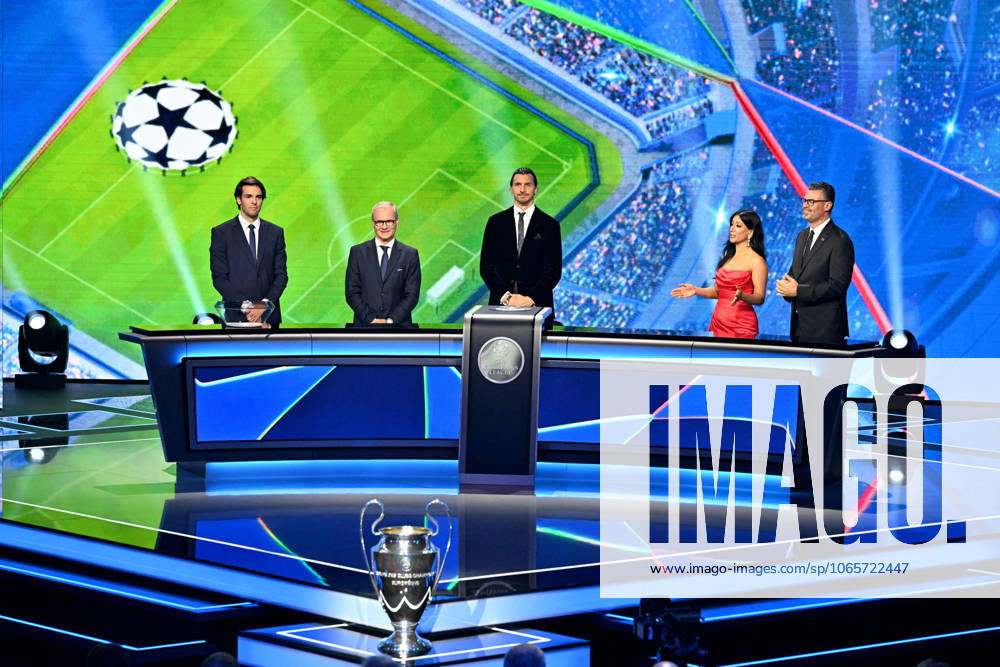 Kaka, Giorgio Marchetti, le secrétaire général de l UEFA, Zlatan Ibrahimovic, Reshmin Chowdhury et Pedro Pinto, les présentateurs de la soirée, durant le tirage au sort de la phase de ligue de la Champions League 2025 - 2026, au Grimaldi Forum à Monaco, le 28 août 2025 Bruno Bebert Bestimage Draw for the group stage of the 2025–2026 UEFA Champions League at the Grimaldi Forum in Monaco on august 28th 2025 Monaco Monaco