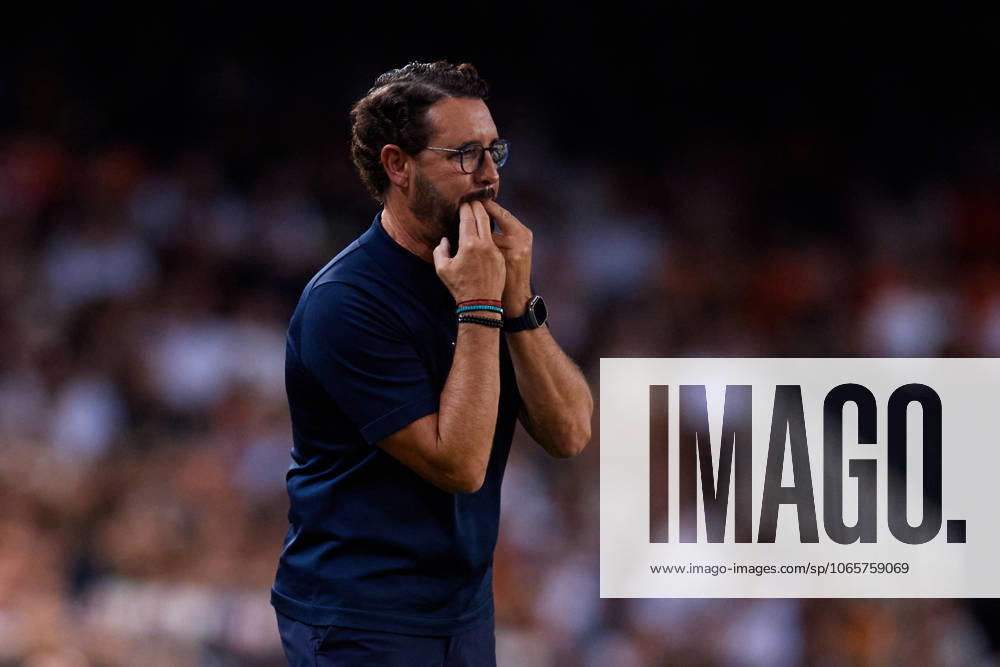 Valencia CF v Getafe CF - LaLiga EA Sports Jose Bordalas, head coach of Getafe CF, whistles during the LaLiga EA Sports match between Valencia CF and Getafe CF at Mestalla stadium in Valencia, Spain, on August 29, 2025. Valencia Spain