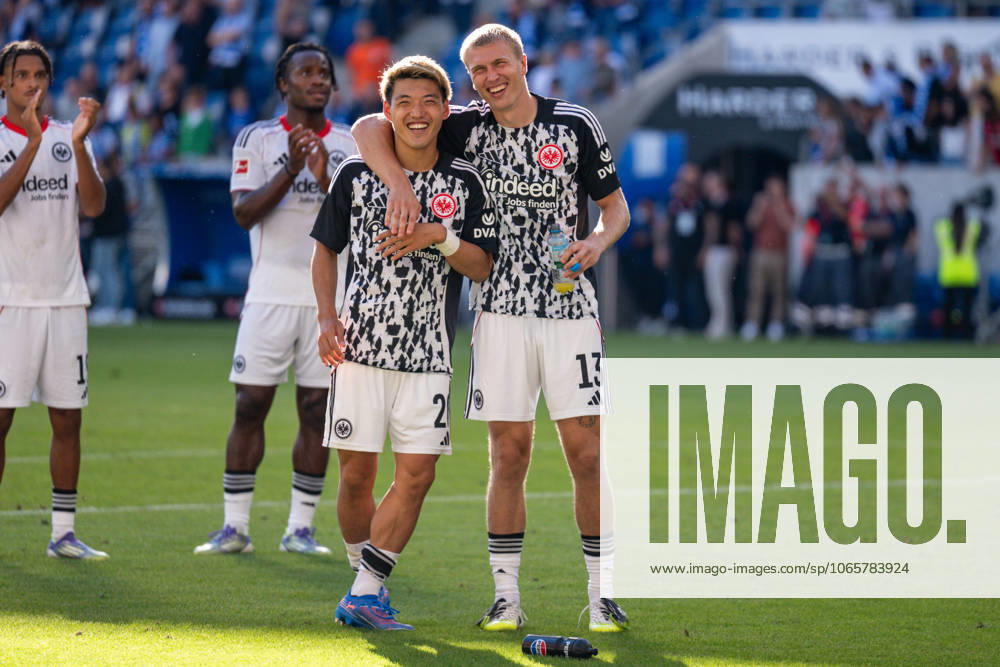 Ritsu Doan Eintracht Frankfurt, 20 and Rasmus Kristensen Eintracht Frankfurt, 13 embrace and celebrate the victory, GER, TSG 1899 Hoffenheim vs Eintracht Frankfurt, Football, 1 Bundesliga, Matchday 2 Season 2025 2026, 30 08 2025 DFL REGULATES PROHIBIT ANY USE OF PHOTOGRAPHS AS IMAGE SEQUENCES AND OR QUASI VIDEO GER, TSG 1899 Hoffenheim vs Eintracht Frankfurt, Football, 1 Bundesliga, Matchday 2 Season 2025 2026, 30 08 2025 Sinsheim