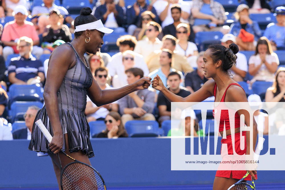 Leylah Fernandez Venus Williams give each other a fist bump after winning a point during a doubles match against Ulrikke Eikeri Eri Hozumi on Day 7 of the 2025 US Open at USTA Billie Jean King National Tennis Center on Saturday August 30, 2025 in the Flushing neighborhood of the Queens borough of New York City. JAVIER ROJAS PI Flushing Meadows USA - ZUMAp124 20250830_zaa_p124_097