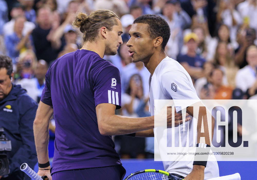 Felix Auger-Aliassime shakes hands with Alexander Zverev after winning his match on Day 7 of the 2025 US Open at USTA Billie Jean King National Tennis Center on Saturday August 30, 2025 in the Flushing neighborhood of the Queens borough of New York City. JAVIER ROJAS PI Flushing Meadows USA - ZUMAp124 20250830_zaa_p124_155