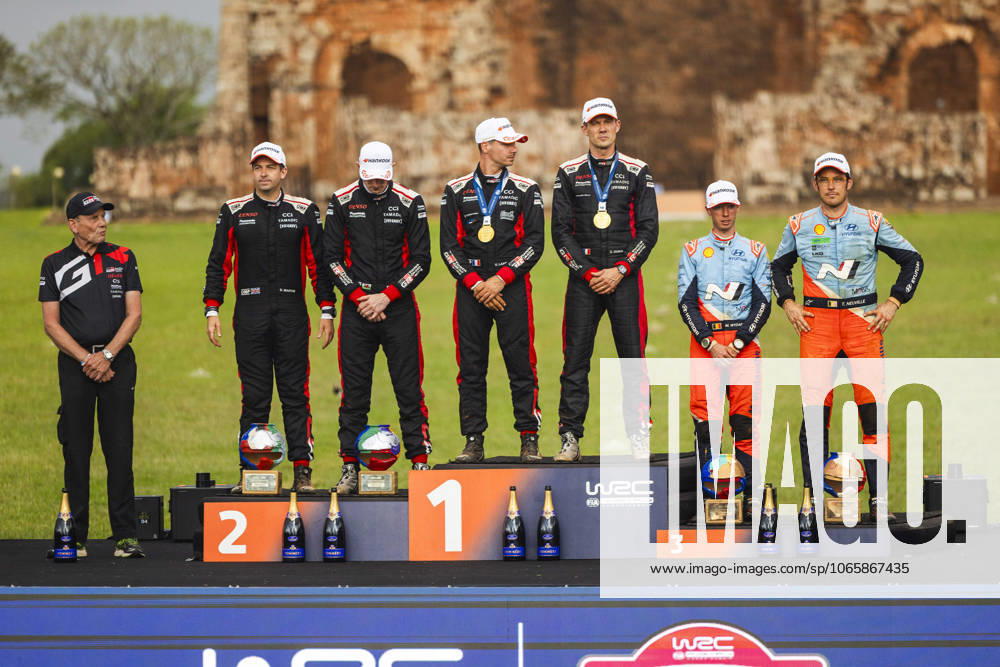 AUTO - WRC, Motorsport Rallye, WM - RALLY DEL PARAGUAY 2025 OGIER Sebastien, Toyota GR Yaris Rally1, portrait, EVANS Elfyn, Toyota GR Yaris Rally1, portrait, NEUVILLE Thierry, Hyundai I20 Rally1, portrait, podium, portrait during the 2025 Rally del Paraguay, 10th round of the 2025 WRC World Rally Car Championship, from August 28 to 31, 2025 at Encarnacion, Itapua, Paraguay - EncarnacionParaguay