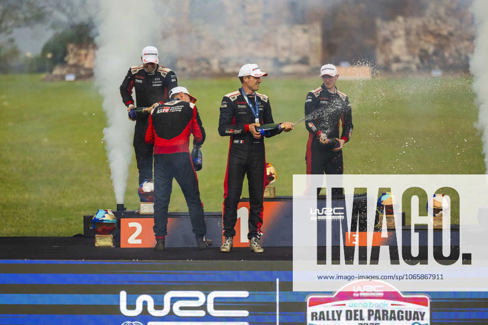 AUTO - WRC, Motorsport Rallye, WM - RALLY DEL PARAGUAY 2025 OGIER Sebastien, Toyota GR Yaris Rally1, portrait, EVANS Elfyn, Toyota GR Yaris Rally1, portrait, NEUVILLE Thierry, Hyundai I20 Rally1, portrait, podium, portrait during the 2025 Rally del Paraguay, 10th round of the 2025 WRC World Rally Car Championship, from August 28 to 31, 2025 at Encarnacion, Itapua, Paraguay - EncarnacionParaguay