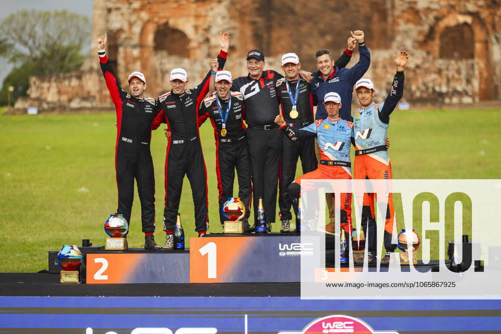 AUTO - WRC, Motorsport Rallye, WM - RALLY DEL PARAGUAY 2025 OGIER Sebastien, Toyota GR Yaris Rally1, portrait, EVANS Elfyn, Toyota GR Yaris Rally1, portrait, NEUVILLE Thierry, Hyundai I20 Rally1, portrait, podium, portrait during the 2025 Rally del Paraguay, 10th round of the 2025 WRC World Rally Car Championship, from August 28 to 31, 2025 at Encarnacion, Itapua, Paraguay - EncarnacionParaguay