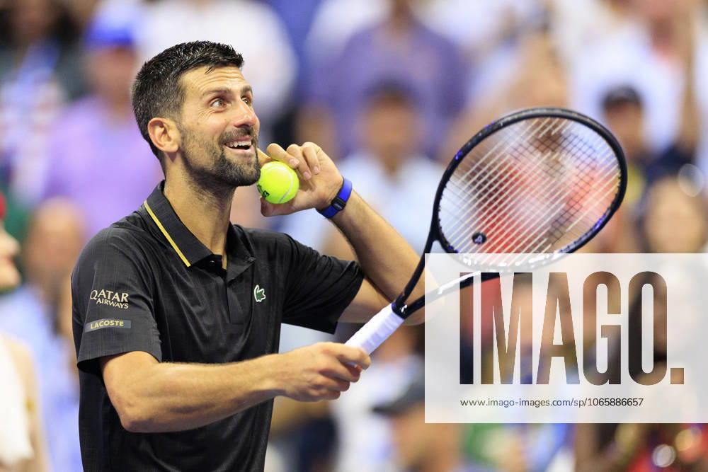 Novak Djokovic hits autographed ball to fans after winning his match against Jan-Lennard Struff on Day 8 of the 2025 US Open at USTA Billie Jean King National Tennis Center on Sunday August 31, 2025 in the Flushing neighborhood of the Queens borough of New York City. JAVIER ROJAS PI Flushing Meadows USA - ZUMAp124 20250831_zaa_p124_169