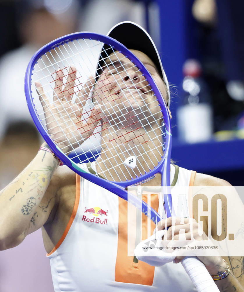 Marketa Vondrousova of Czechia reacts after match point in her match against Elena Rybakina of Kazakhstan in the 4th round in Arthur Ashe Stadium on day 8 at the 2025 US Open Tennis Championship at the USTA Billie Jean King National Tennis Center in New York City on Sunday, August 31, 2025. Vondrousova defeated Rybakina in 3 sets to advance to the quarterfinals. NYP20250831132 JOHNxANGELILLO