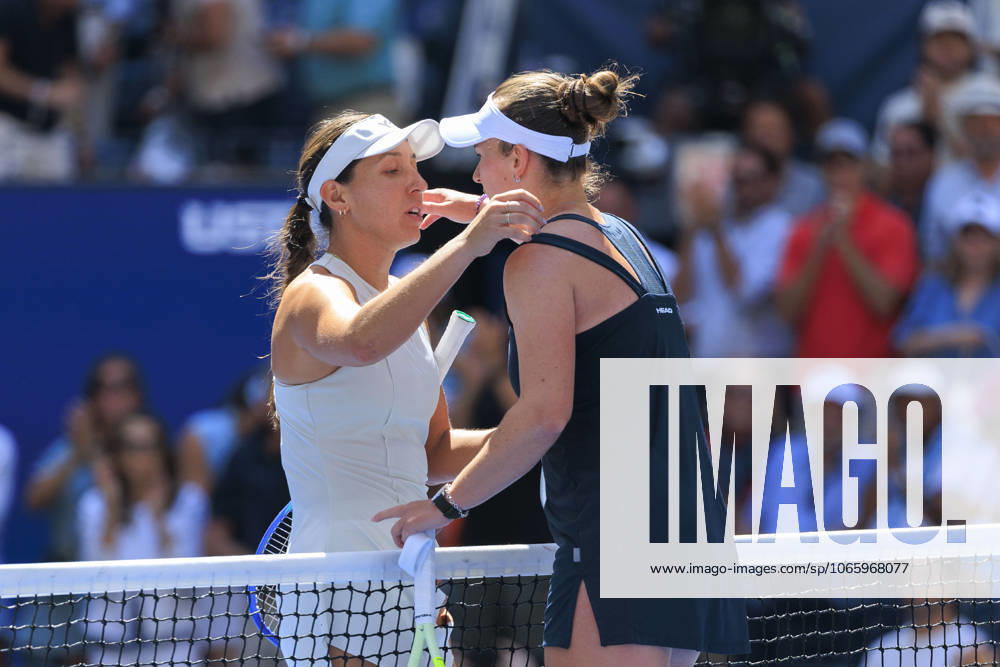 Jessica Pegula hugs Barbora Krejcikova after winning her match on Day 10 of the 2025 US Open at USTA Billie Jean King National Tennis Center on Tuesday September 2, 2025 in the Flushing neighborhood of the Queens borough of New York City. JAVIER ROJAS PI Flushing Meadows USA - ZUMAp124 20250902_zaa_p124_007