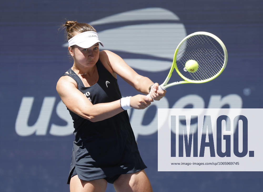 Barbora Krejcikova Czechia returns a ball in the second set against Jessica Pegula before losing in straight sets in their quarterfinal match in Arthur Ashe Stadium on day 8 at the 2025 US Open Tennis Championship at the USTA Billie Jean King National Tennis Center in New York City on Tuesday, September 2, 2025. NYP20250902111 JOHNxANGELILLO