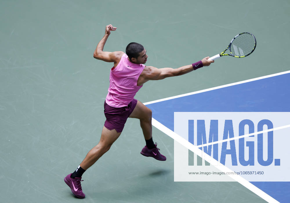 Carlos Alcaraz of Spain returns a ball to Jiri Lehecka of Czechia in the first set before defeating Lehecka in straight sets in their quarterfinal match in Arthur Ashe Stadium on day 10 at the 2025 US Open Tennis Championship at the USTA Billie Jean King National Tennis Center in New York City on Tuesday, September 2, 2025. NYP20250902113 JOHNxANGELILLO