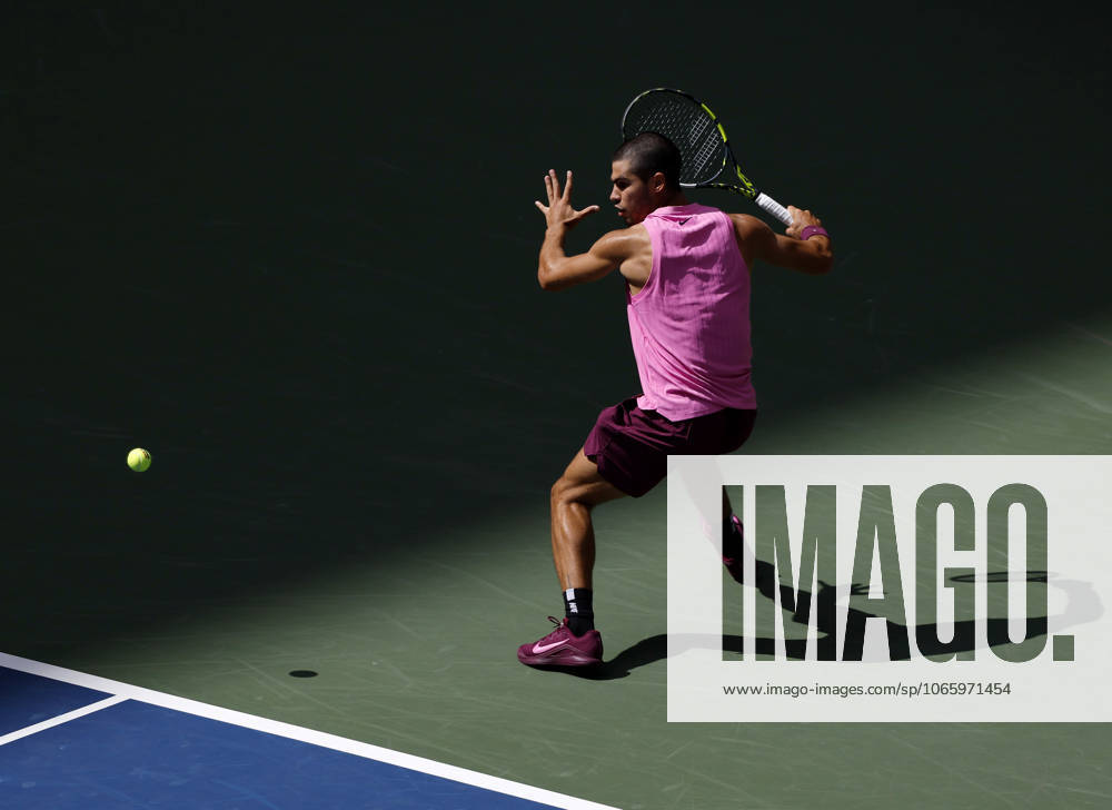 Carlos Alcaraz of Spain returns a ball to Jiri Lehecka of Czechia in the first set before defeating Lehecka in straight sets in their quarterfinal match in Arthur Ashe Stadium on day 10 at the 2025 US Open Tennis Championship at the USTA Billie Jean King National Tennis Center in New York City on Tuesday, September 2, 2025. NYP20250902118 JOHNxANGELILLO