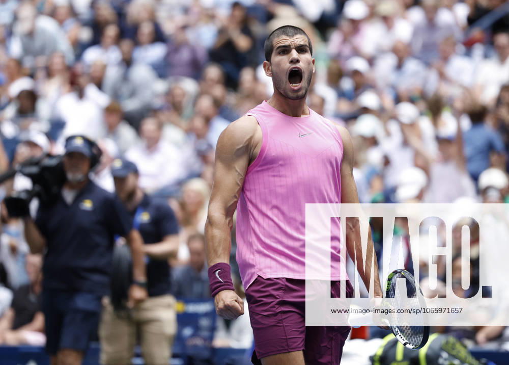 Carlos Alcaraz of Spain celebrates after match point defeating Jiri Lehecka of Czechia in straight sets in their quarterfinal match in Arthur Ashe Stadium on day 10 at the 2025 US Open Tennis Championship at the USTA Billie Jean King National Tennis Center in New York City on Tuesday, September 2, 2025. NYP20250902123 JOHNxANGELILLO