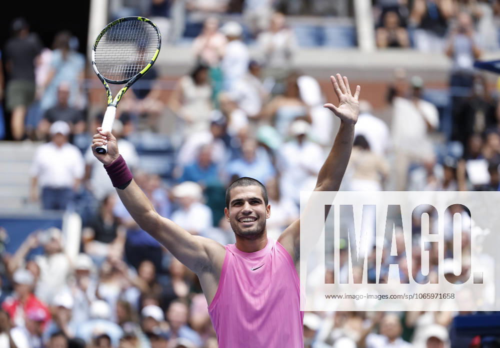 Carlos Alcaraz of Spain celebrates after match point defeating Jiri Lehecka of Czechia in straight sets in their quarterfinal match in Arthur Ashe Stadium on day 10 at the 2025 US Open Tennis Championship at the USTA Billie Jean King National Tennis Center in New York City on Tuesday, September 2, 2025. NYP20250902124a JOHNxANGELILLO