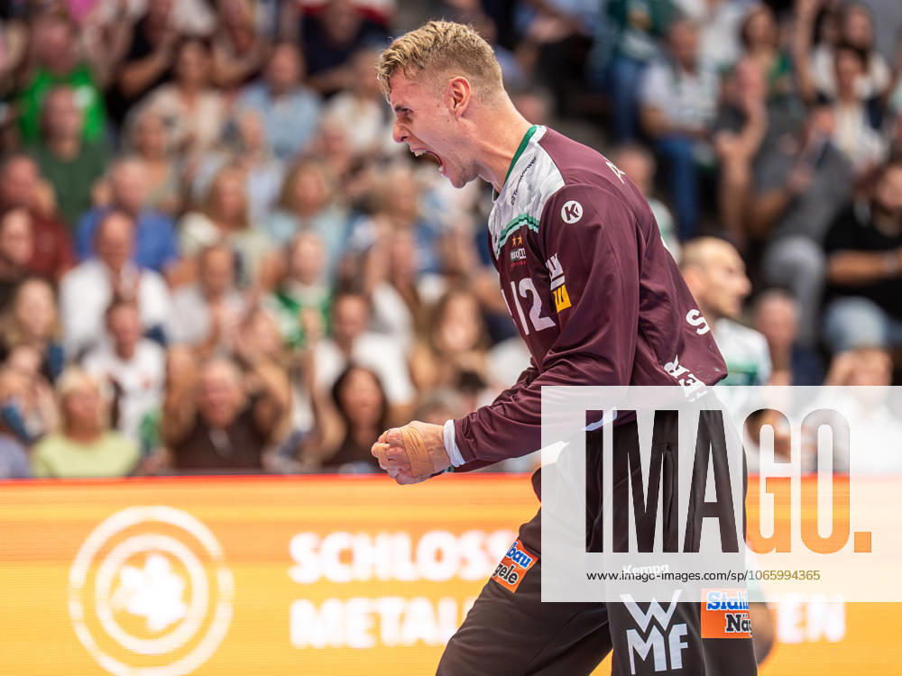 Kristian Saeveras Frisch Auf Goeppingen, 12 cheers loudly after a save, Frisch Auf Goeppingen vs Fuechse Berlin, Handball, 1 Bundesliga, Men, Season 2025 2026, 03 09 2025, Frisch Auf Goeppingen vs Fuechse Berlin, Handball, 1 Bundesliga, Men, Season 2025 2026, 03 09 2025 Goeppingen
