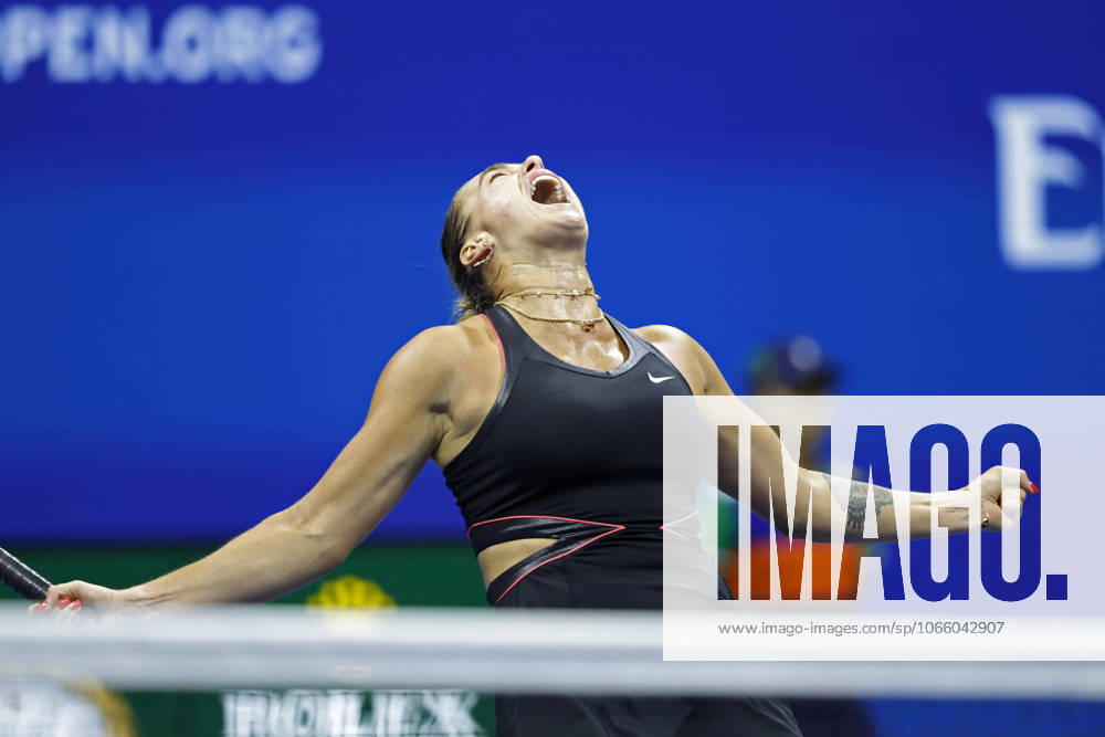 Aryna Sabalenka of Belarus reacts after defeating Jessica Pegula in a Women s semifinal match at the 2025 US Open Tennis Championship at the USTA Billie Jean King National Tennis Center in New York City on Thursday, September 4, 2025. Sabalenka won 4-6, 6-3, 6-4. NYP20250904829 JOHNxANGELILLO