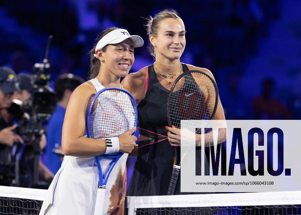Jessica Pegula and Aryna Sabalenka pose at the net before the start of the match, US Open Championships 2023, USTA Billie Jean King National Tennis Center, Flushing Meadows, New York, USA