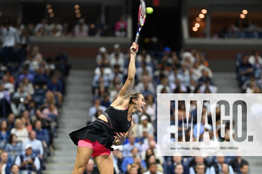 (250905) -- NEW YORK, Sept. 5, 2025 -- Aryna Sabalenka of Belarus serves during the women s singles semifinal match against Jessica Pegula of the United States at the 2025 US Open tennis championships in New York, the United States, Sept. 4, 2025. ) (SP)U.S.-NEW YORK-TENNIS-US OPEN-WOMEN S SINGLES-SEMIFINALS LixRui
