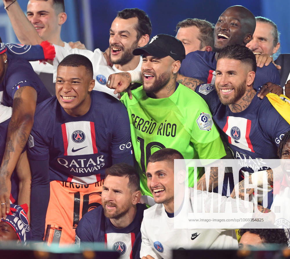 PSG vs Clermont Foot - French Ligue 1 PARIS, FRANCE - JUNE 03: Kylian Mbappe (Center left), Lionel Messi (left), Sergio Ramos (center right) and Neymar (center) of Paris Saint - Germain attend during the 2022-2023 Ligue 1 championship trophy ceremony following the L1 soccer match between Paris Saint-Germain (PSG) and Clermont Foot 63 at Parc des Princes Stadium in Paris, France on June 03, 2023. Ile-de-France France. Editorial use only. Please get in touch for any other usage.