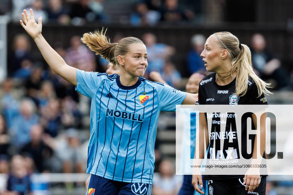 Djurgardens Elsa Pelgander cheers after 3 1 during the football match in Damallsvenskan between Djurgarden and Alingsas on September 6, 2025 in Stockholm