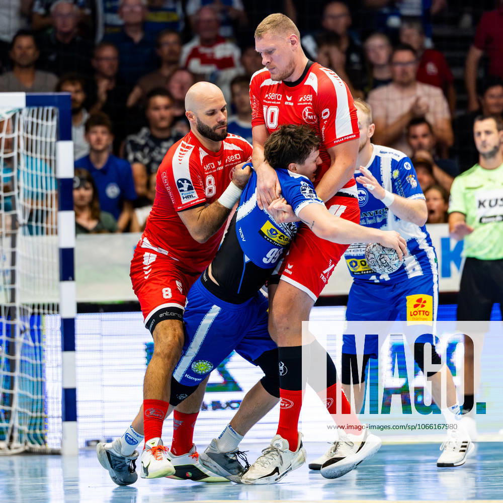 GER, Handball, Men, Season 25 26, Daikin 1 Bl, 3 Matchday ThSV Eisenach MT Melsungen Adrian Sipos MT Melsungen Dainis Kristopans MT Melsungen Tillman Leu ThSV Eisenach,99 99817 Eisenach Werner Assmann Halle Am Sportp Thueringen Germany
