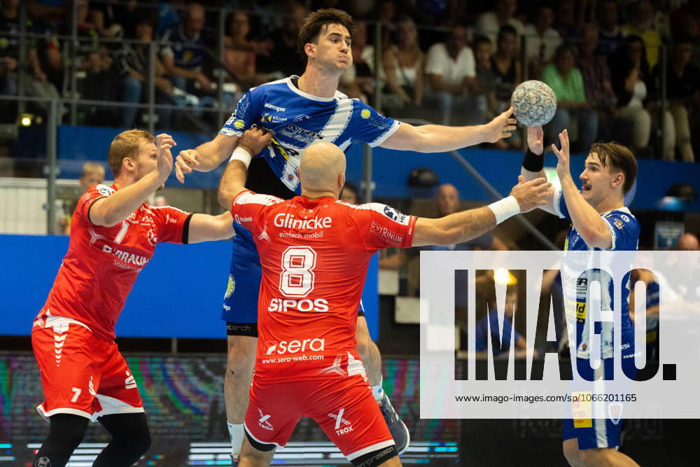 , 1 Handball Bundesliga THSV Eisenach vs MT Melsungen In the picture Dainis Kristopans and Adrian Sipos Melsungen vs Stephan Seitz and Felix Aelen Eisenach