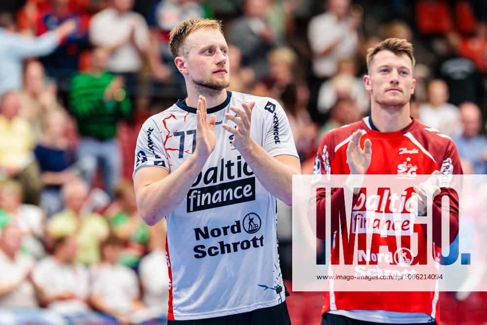 Luca Witzke SG Flensburg Handewitt, 77 cheers after 27 40 victory GER, GWD Minden vs SG Flensburg Handewitt, Handball, 1 Bundesliga, Matchday 3, Season 2025 2026, 08 09 2025 GER, GWD Minden vs SG Flensburg Handewitt, Handball, 1 Bundesliga, Matchday 3, Season 2025 2026, 08 09 2025 Luebbecke