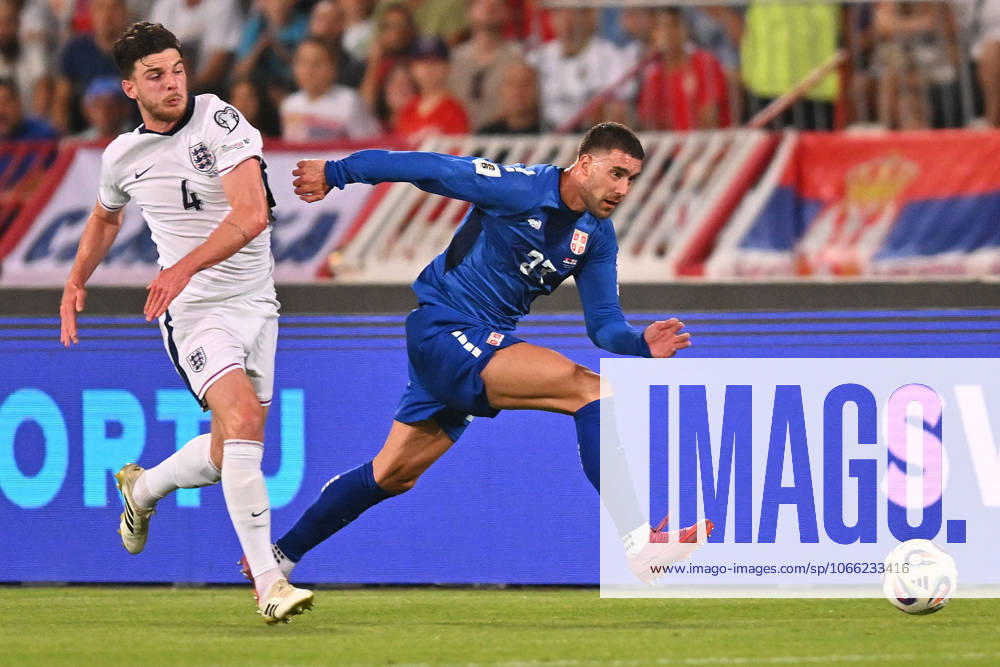 SERBIA vs ENGLAND DUSAN VLAHOVIC vs DECLAN RICE football Serbia vs England FIFA World Cup, WM, Weltmeisterschaft, Fussball qualification match at Rajko Mitic stadium, Belgrade 09.09.2025 Foto: FOOTBALL, SERBIA, ENGLAND, FIFA WORLD CUP QUALIFICATIONS MATCH Beograd Rajko Mitic stadium Serbia