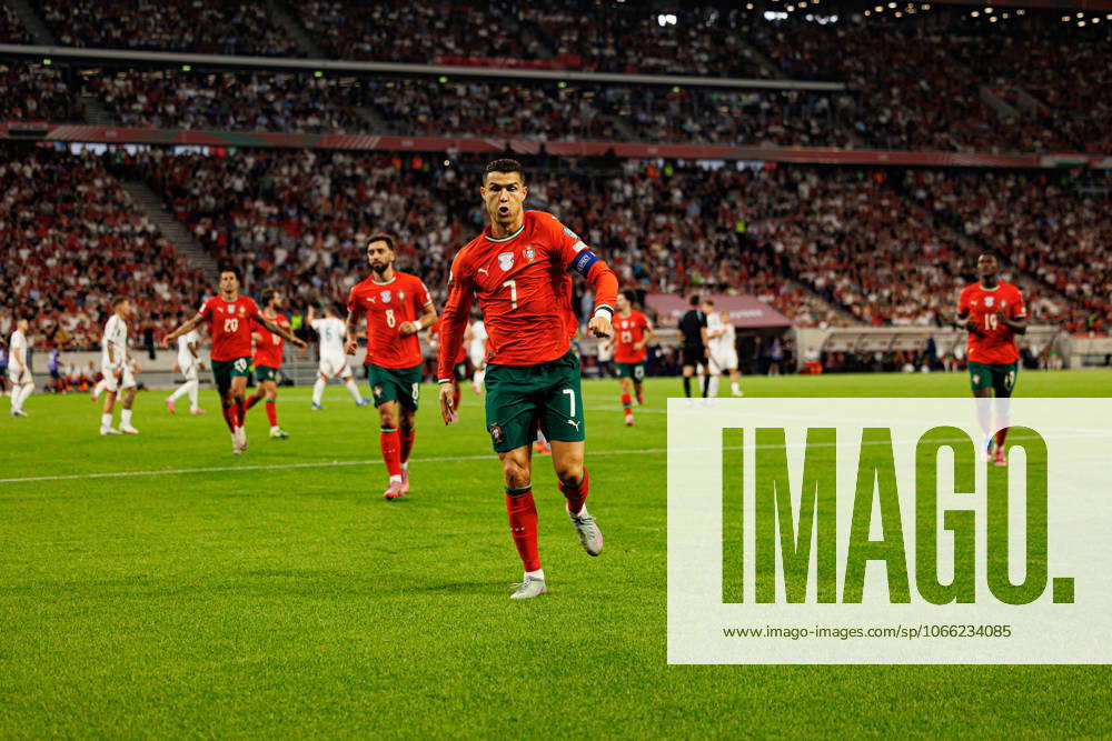 Cristiano Ronaldo seen celebrating after scoring goal during World Cup 2026 European qualification game between national teams of Hungary and Portugal (Maciej Rogowski Ball Raw Images) Budapest Puskas Arena Hungary