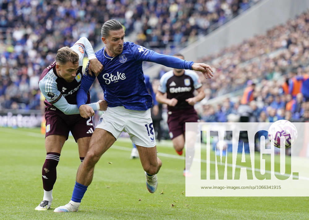Liverpool, England, 13th September 2025. Jack Grealish of Everton (R) is challenged by Matty Cash of Aston Villa during the Everton vs Aston Villa Premier League match at Hill Dickinson Stadium, Liverpool. Picture credit should read: Andrew Yates Sportimage . SPI_009_AY_EVERTON_VILLA SPI-4134-0008