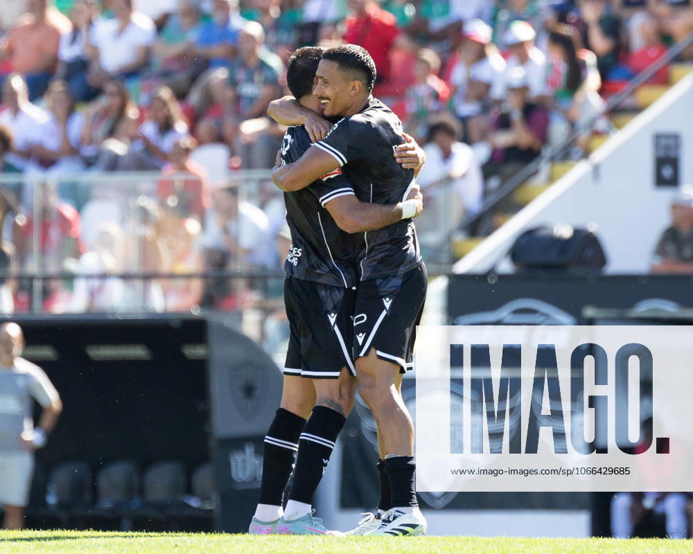 Nelson Oliveira and Rodrigo Abascal of Vitoria de Guimaraes celebrate the goal during the Liga Portugal match between Estrela da Amadora and Vitoria de Guimaraes at Estadio Jose Gomes, in Lisbon, Portugal. (Diogo Sautchuk)