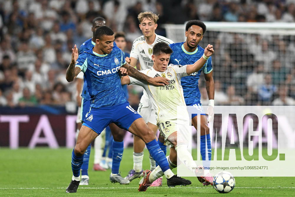 REAL MADRID CF v OLYMPIQUE DE MARSEILLE. CHAMPIONS LEAGUE 2025 2026. ROUND 1. Real Madrid CF s Arda Guler (r) and Olympique de Marseille s Mason Greenwood during Champions League 2024 2025 Round 1 match. September 16,2025. (ALTERPHOTOS Jorge Ropero) MadridSpain