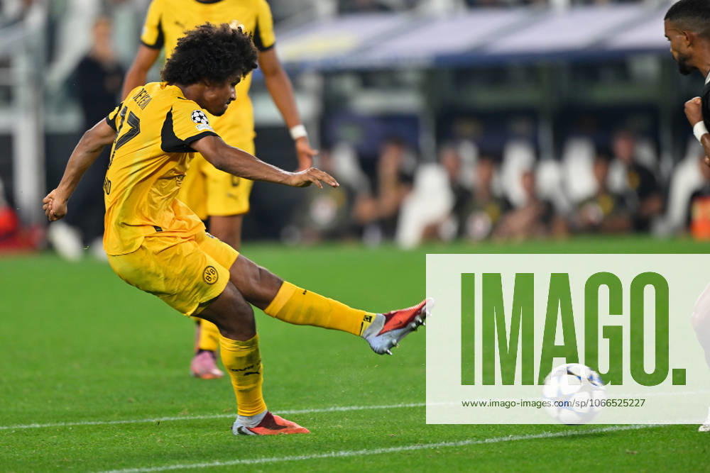 Turin, Allianz Stadium, 16 09 25, ITA, Men, UEFA Champions Leaugue, Season 2025 2026, Juventus Turin Borussia Dortmund Image Karim ADEYEMI Dortmund makes the goal 0 1 UEFA regulations prohibit any use of photographs as image sequences and or quasi video Piedmont Italy