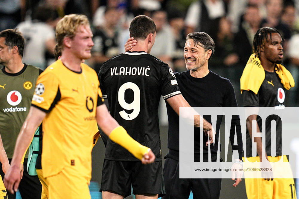 Juventus Dusan Vlahovic and Dortmunds head coach Nico Kovac after the Uefa Champions League soccer match, between Juventus and Borussia Dortmund at the Allianz Stadium in Turin, north west Italy - Tuesday, September 16, 2025. - Soccer