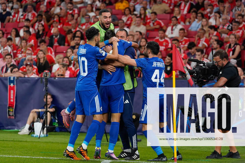 CHAMPIONS LEAGUE: BENFICA x QARABAG Abdellah Zoubir of Qarabag FK (L), Camilo Duran of Qarabag FK (C) and Elvin Jafarguliyev of Qarabag FK (R) celebrates their second goal during UEFA Champions League 2025 26 League phase Matchday 1 between SL Benfica and Qarabag FK at Estadio da Luz in Lisbon, Portugal. 15 09 2025 Lisbon Estadio da Luz Lisbon Portugal