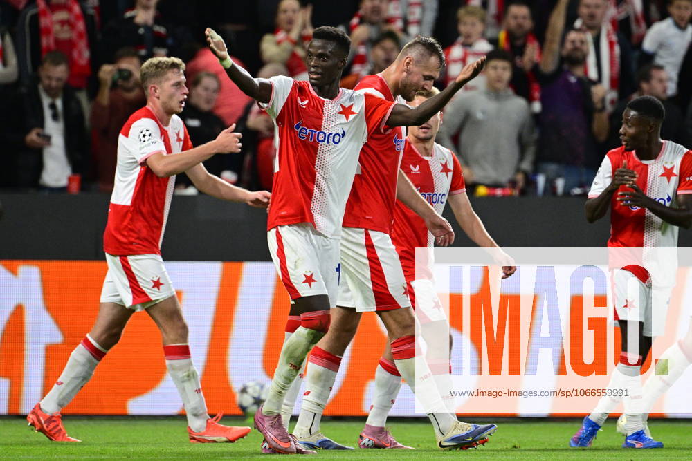 Youssoupha Mbodji of Slavia (2nd left) celebrates goal during the Football Champions League 1st round match Slavia Praha vs Bodo Glimt in Prague, Czech Republic, September 17, 2025. (CTKxPhoto VitxSimanek) CTKPhotoP2025091708505 CTKPhotoP2025091708505