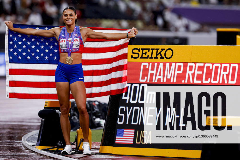 Winner Sydney Mclaughlin Levrone of United States of America with a championship record and celebrating and holding flag after competing in the Women s 400 Metres Final during World Athletics Championships Tokyo 2025 of the Day 6 at Japan National Stadium on September 18, 2025 in Tokyo, Japan Photo by Marcel ter Bals DeFodi Images