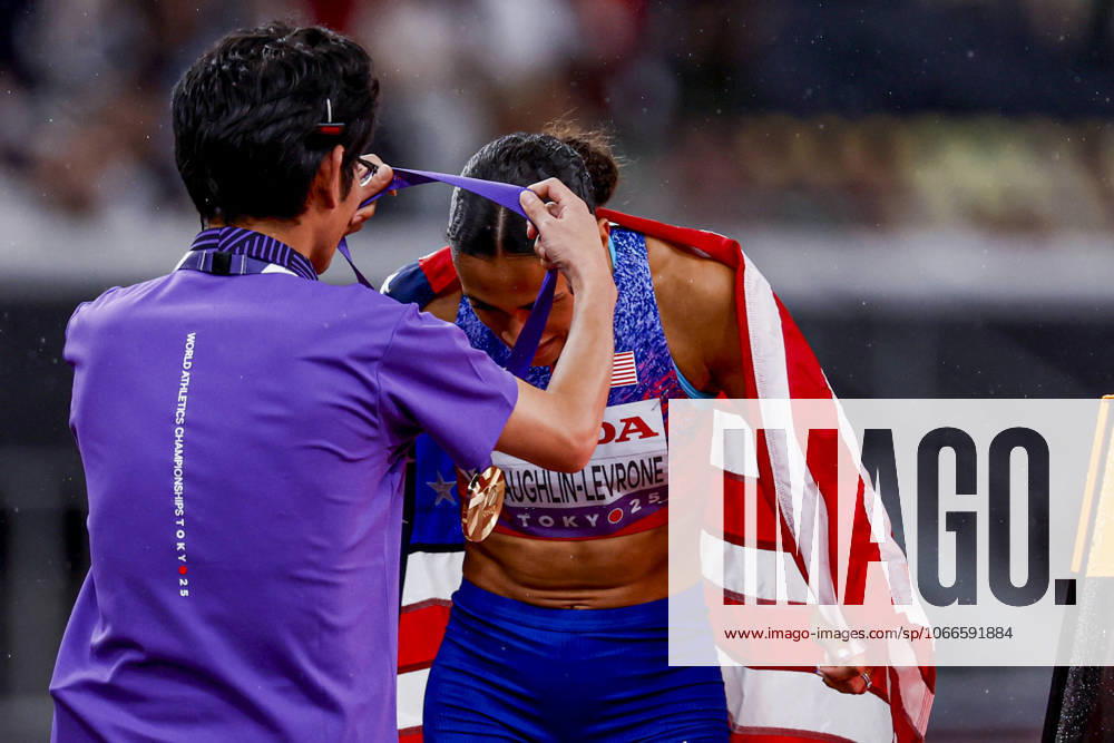 Winner Sydney Mclaughlin Levrone of United States of America receive the gold medal after competing in the Women s 400 Metres Final during World Athletics Championships Tokyo 2025 of the Day 6 at Japan National Stadium on September 18, 2025 in Tokyo, Japan Photo by Marcel ter Bals DeFodi Images