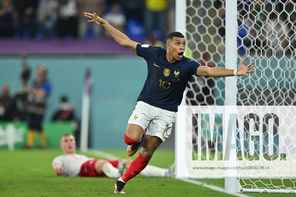 France v Denmark: FIFA World Cup, WM, Weltmeisterschaft, Fussball Qatar 2022 DOHA, QATAR - NOVEMBER 26: Kylian Mbappe of France celebrates after scoring goal during the FIFA World Cup Qatar 2022 Group D match between France and Denmark at Stadium 974 in Doha, Qatar on November 26, 2022. Qatar World. Editorial use only. Please get in touch for any other usage.