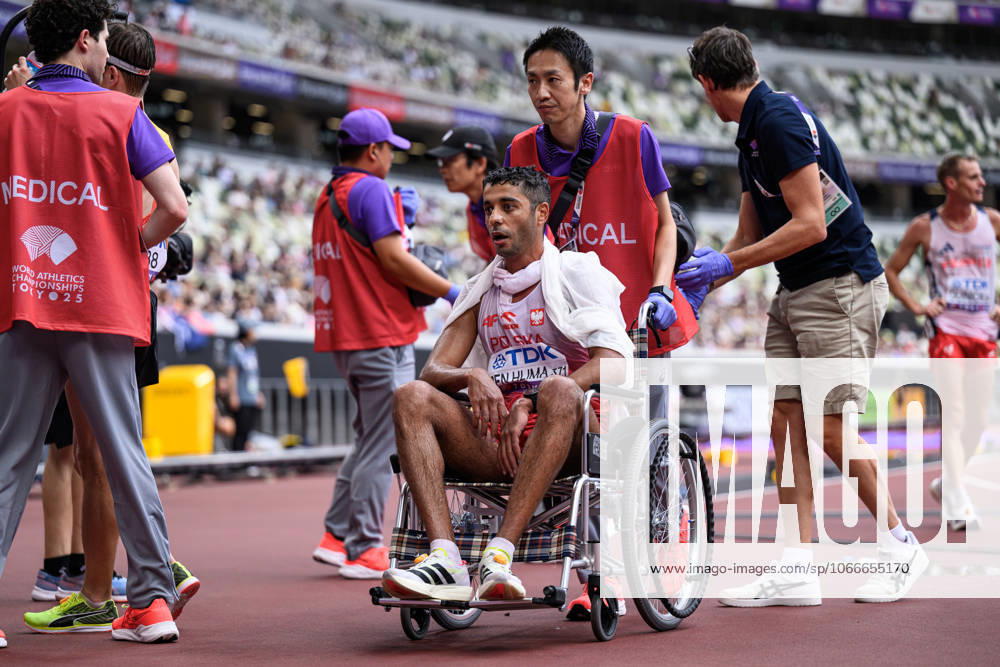 Maher Ben Hlima of Poland is carried away in a wheelchair after competing in men s 20 kilometers race walkduring day 8 of the 2025 World Athletics Championships on September 20, 2025 in Tokyo Photo Joel Marklund BILDBYRAN kod JM JM0737 bbeng friidrott athletics friidrett 2025 world athletics championships world athletics championships tokyo 25 friidrotts vm friidretts vm vm