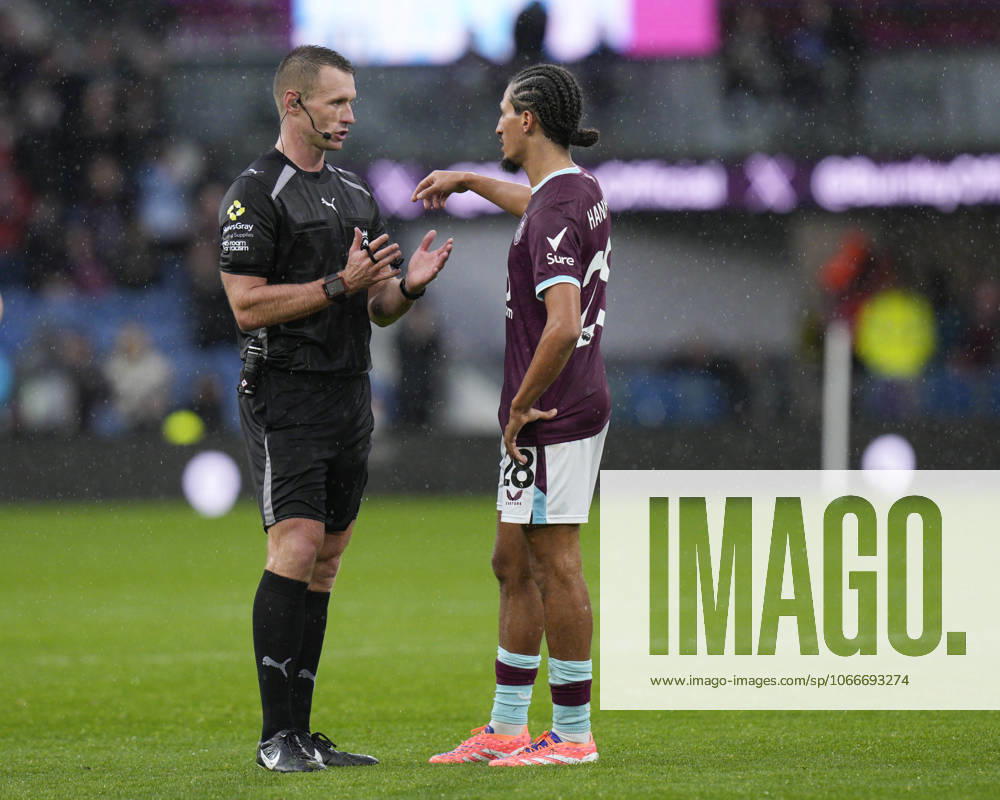 Burnley v Nottingham Forest, Burnley, UK - 20 Sep 2025 Referee Thomas Bramall speaks with Hannibal Mejbri of Burnley during the Premier League match between Burnley and Nottingham Forest at Turf Moor, Burnley on 20 September 2025 ( Burnley Turf Moor Burnley England