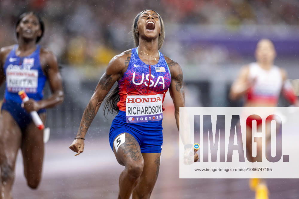 Day 9 - World Athletics Championships Tokyo 2025 Sha Carri Richardson of the United States celebrates at the finish line winning the gold medal during the 4x100 Metres Relay Women Final at day nine of the World Athletics Championships Tokyo 2025 at National Stadium on September 21, 2025 in Tokyo, Japan. Tokyo Japan