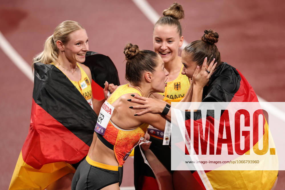 Day 9 - World Athletics Championships Tokyo 2025 Sina Mayer, Rebekka Haase, Sophia Junk, and Gina Luckenkemper of Germany celebrate after winning bronze in the 4 x 100m relay at the World Athletics Championships 2025 at the National Stadium in Tokyo, Japan, on September 21, 2025. Tokoyo Japan