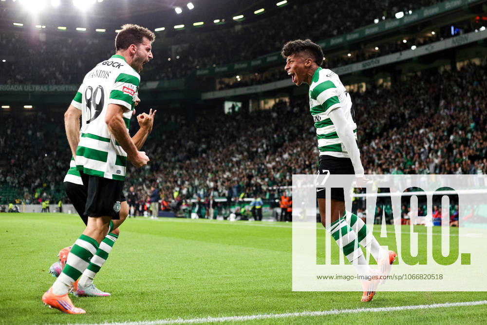 Sporting CP v Moreirense FC - Liga Portugal BetClic 2025 2026 Extremo esquerdo brasileiro do Sporting CP Alisson Santos 27 Medio esquerdo uruguaio do Sporting CP Maxi Araujo 20 e Ioanidis celebram golo durante a partida entre Sporting CP v Moreirense FC, valida pela Liga Portugal BetClic 2025 2026 no Estadio Jose Alvalade, Portugal (Foto de Diogo Faria Reis Avant Sports) Lisboa Estadio Jose Alvalade Portugal