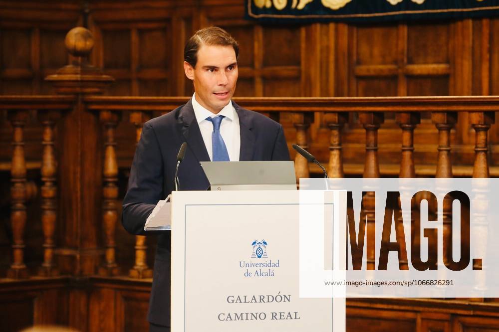 The King Presents The V Edition Of The camino Real Award To Rafael Nadal?????????????? MADRID, SPAIN - SEPTEMBER 20: (---- – MANDATORY CREDIT - ROYAL PALACE OF SPAIN HANDOUT - NO MARKETING NO ADVERTISING CAMPAIGNS - DISTRIBUTED AS A SERVICE TO CLIENTS----) Tennis player Rafa Nadal speaks after receiving the Camino Real Award from the King, during the V edition, in the auditorium of the University of Alcala, on 20 September, 2022 in Alcala de Henares, Madrid, Spain. The Camino Real award has been granted by the Franklin Institute of the University of Alcala, which recognizes the professional work of Spaniards who in an outstanding and exemplary way project and enhance the positive image of Spain in the United States. The projection of the image of Spain in North America by the tennis player, means his triumph in the US Open (2019), as well as in previous editions of 2010, 2013, 2017 and in other tournaments played in North America. In addition, it is worth mentioning his personal involvement in different social actions from the Rafael Nadal Foundation, which integrates vulnerable minors or young people with intellectual disabilities. Madrid Spain. Editorial use only. Please get in touch for any other usage.