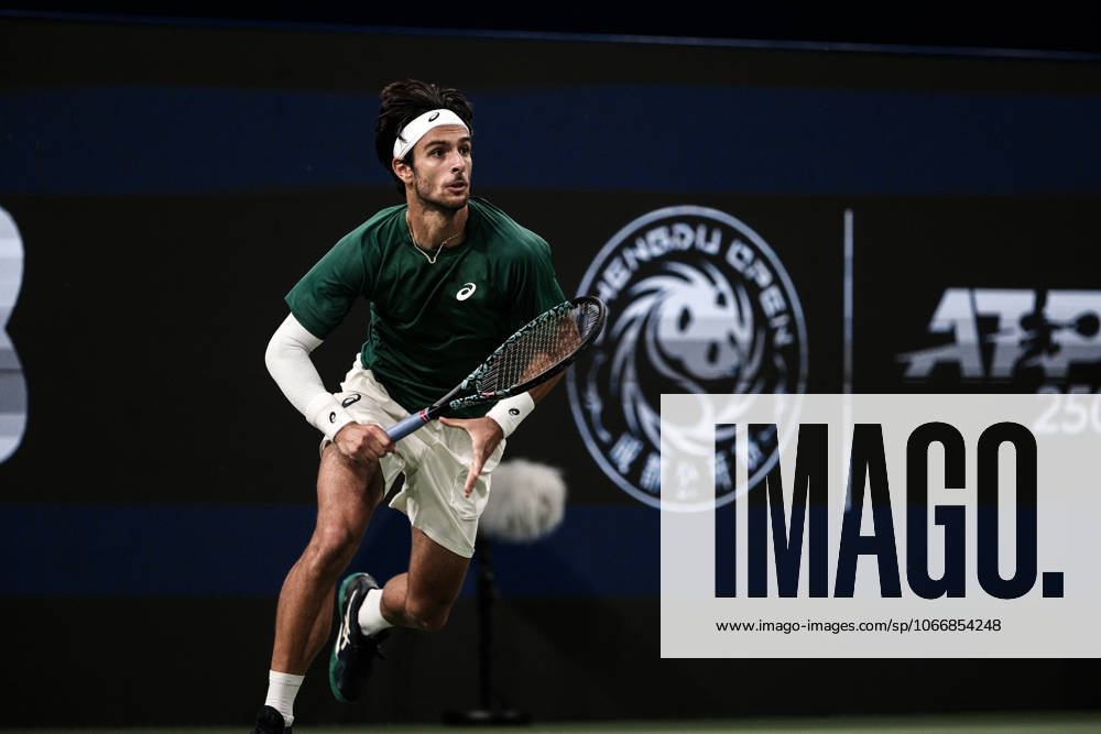 Lorenzo Musetti of Italy returns a shot during the Men s Singles final match against Alejandro Tabilo of Chile on Day 8 of 2025 ATP, Tennis Herren Chengdu Open at Sichuan International Tennis Centre on September 23, 2025 in Chengdu, Sichuan Province of China.