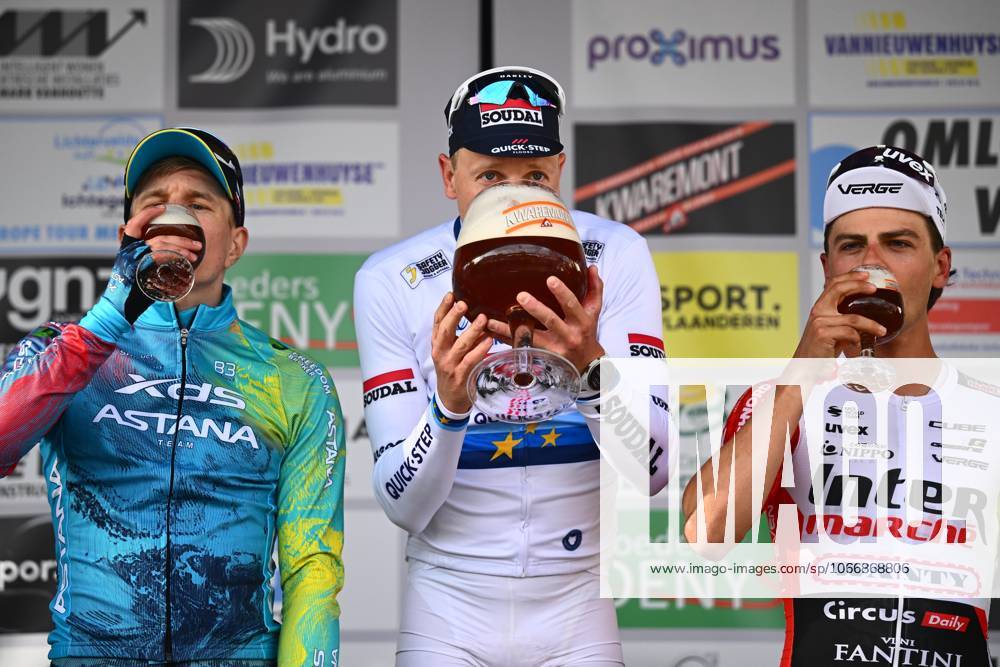 Omloop van Het Houtland 2025 Cycling Race LICHTERVELDE, BELGIUM - SEPTEMBER 24 : Merlier Tim (BEL) of Soudal - Quick Step, Kanter Max (GER) of XDS Astana Team and Marit Arne (BEL) of Intermarche - Wanty during the podium ceremony of the 78th edition of Omloop van Het Houtland an UCI Class 1.1 one day cycling road race for Men Elite of 198,7 km with start in Eernegem and finish in Lichtervelde on September 24, 2025 in Lichtervelde, Belgium, 24 09 2025 Lichtervelde Belgium