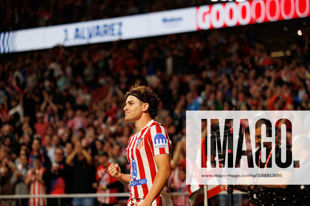 Julian Alvarez seen celebrating after scoring goal during LaLiga EA SPORTS 25 26 game between teams of Atletico de Madrid and Rayo Vallecano at Riyadh Air Metropolitano (Maciej Rogowski Ball Raw Images) Madrid Riyadh Air Metropolitano Spain