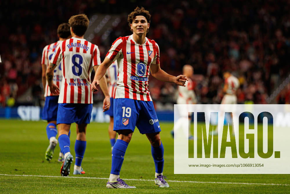 Julian Alvarez seen celebrating after scoring goal during LaLiga EA SPORTS 25 26 game between teams of Atletico de Madrid and Rayo Vallecano at Riyadh Air Metropolitano (Maciej Rogowski Ball Raw Images) Madrid Riyadh Air Metropolitano Spain