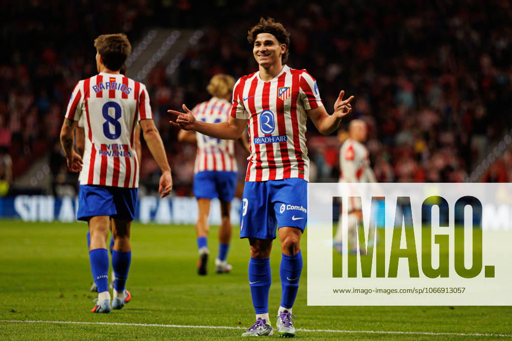 Julian Alvarez seen celebrating after scoring goal during LaLiga EA SPORTS 25 26 game between teams of Atletico de Madrid and Rayo Vallecano at Riyadh Air Metropolitano (Maciej Rogowski Ball Raw Images) Madrid Riyadh Air Metropolitano Spain