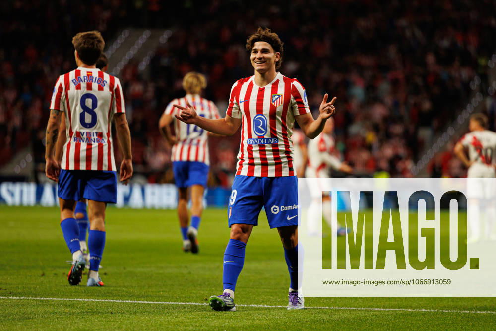 Julian Alvarez seen celebrating after scoring goal during LaLiga EA SPORTS 25 26 game between teams of Atletico de Madrid and Rayo Vallecano at Riyadh Air Metropolitano (Maciej Rogowski Ball Raw Images) Madrid Riyadh Air Metropolitano Spain