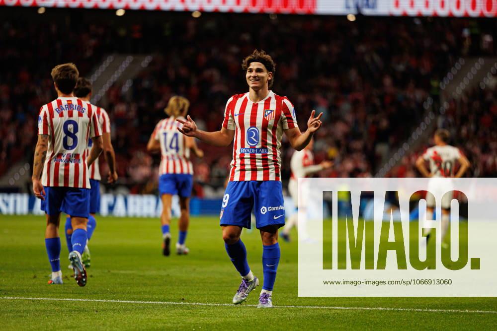 Julian Alvarez seen celebrating after scoring goal during LaLiga EA SPORTS 25 26 game between teams of Atletico de Madrid and Rayo Vallecano at Riyadh Air Metropolitano (Maciej Rogowski Ball Raw Images) Madrid Riyadh Air Metropolitano Spain